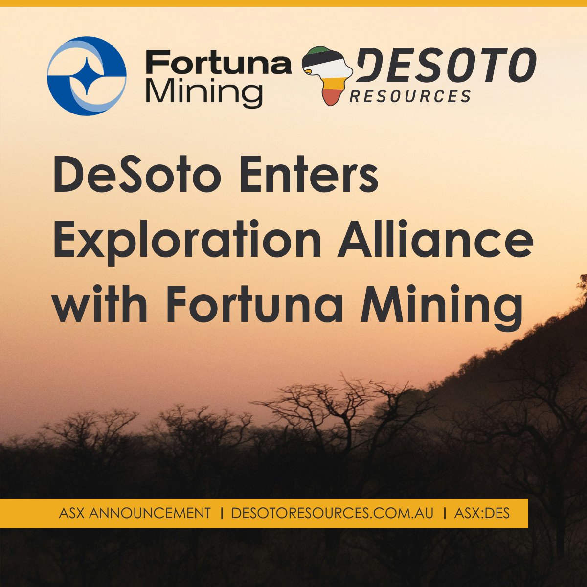$DES / DES.ax has executed a binding Heads of Agreement with <a href="/fortunamining/">Fortuna Mining | $FSM $FVI</a> $FSM / $FVI, establishing an Alliance to apply for, acquire and explore new permits over a prescribed Area of Interest in Guinea’s Siguiri Basin.

The JV does not include DeSoto’s