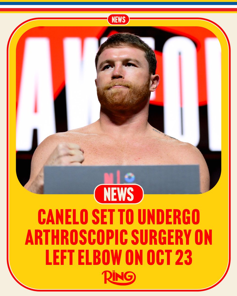 ringmagazine's tweet image. Canelo Alvarez will undergo arthroscopic surgery on his left elbow on October 23rd, according to The Ring’s @MikeCoppinger.

He will be in a sling and should resume light training 4-6 weeks after the procedure.