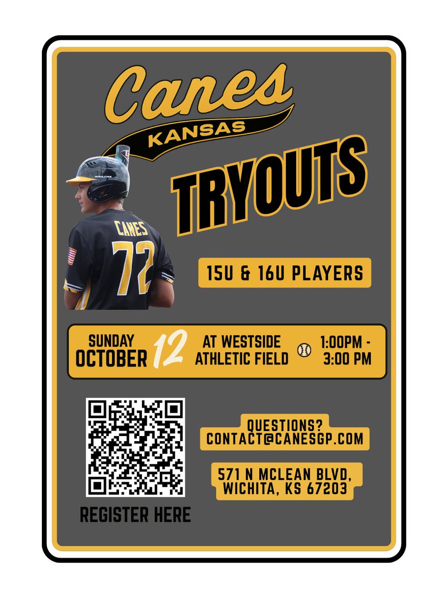 canes_kansas's tweet photo. Canes Kansas Tryouts ⚾️
When: Sunday, October 12th 1–3 PM
Where: Westside Athletic Field (571 N McLean Blvd, Wichita, KS 67203)
Looking for 15U &amp; 16U players — 14U welcome to play up!

Questions? Email contact@canesgp.com
➡️Register here: https://t.co/DjnSUQ4OHr 

#CanesKansas https://t.co/dEYGSdwXyU