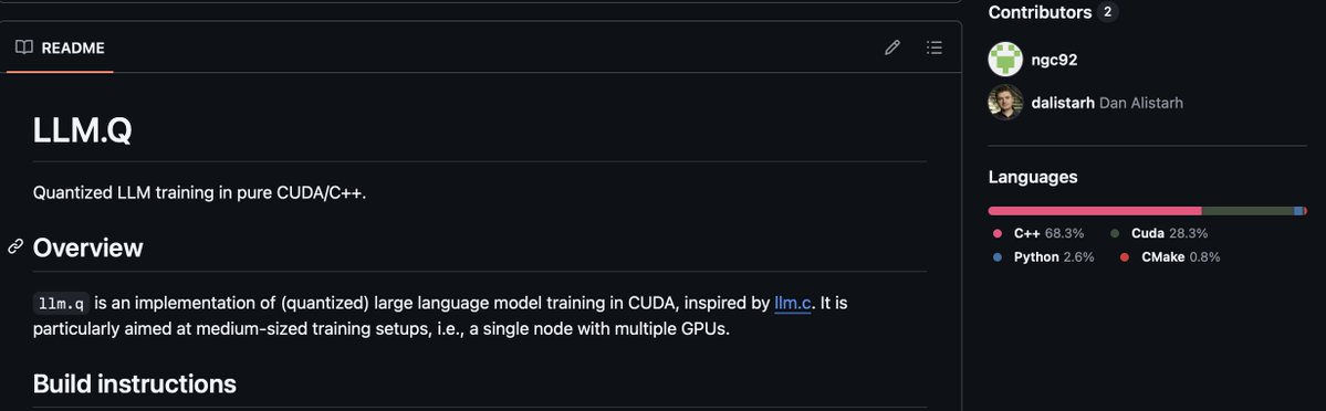 a1zhang's tweet image. it's insane to me how little attention the llm.q repo has
it's a fully C/C++/CUDA implementation of multi-gpu (zero + fsdp), quantized LLM training with support for selective AC
it's genuinely the coolest OSS thing I've seen this year (what's crazier is 1 person wrote it!)