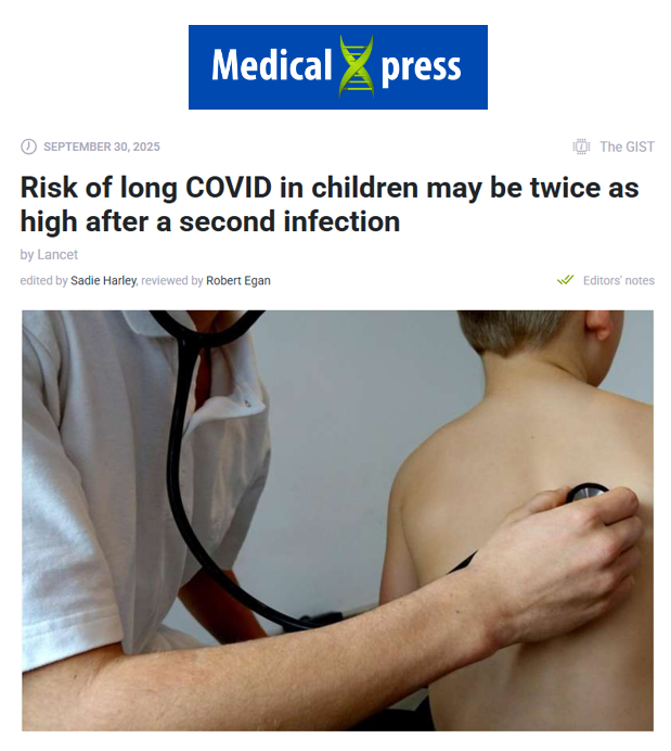 Risk of long COVID in children may be twice as high after a second infection.

"A new study in The Lancet Infectious Diseases involving 460,000+ U.S. children found those reinfected with COVID-19 during Omicron had twice the risk of developing long COVID"

archive.md/yFaMB