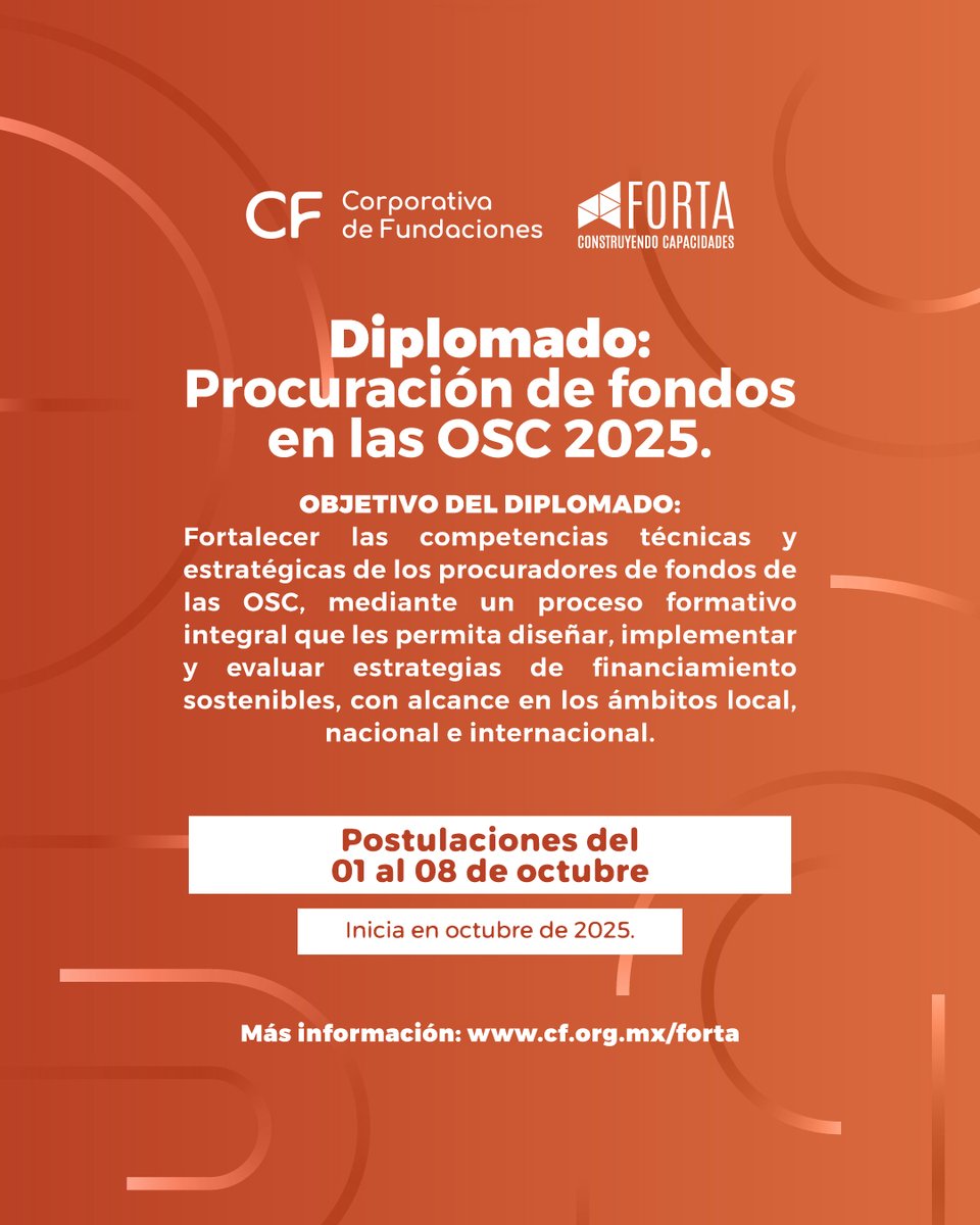 🎓 Abre registro al Diplomado Procuración de Fondos en las OSC 2025.

Fortalece tus capacidades para diseñar, implementar y evaluar estrategias sostenibles de financiamiento con impacto local, nacional e internacional. 🌍

👉 Regístrate: cf.org.mx/forta/cursos/d…