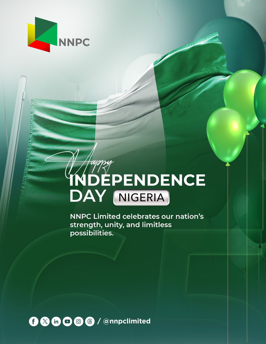 nnpclimited's tweet photo. Happy Independence Day, Nigeria! 🇳🇬

NNPC Limited celebrates our nation’s strength, unity, resilience, and limitless possibilities.

Together, we honour our past, embrace our present, and look forward to a brighter future for generations to come.

#NigeriaAt65 
#HappyIndependence 
#EnergyforToday
#EnergyforTomorrow