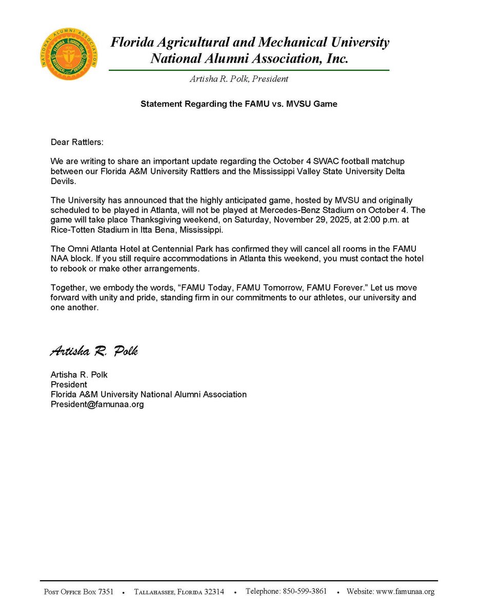 FAMU NAA Statement Regarding the FAMU vs. MVSU Game #FAMU #FAMUNAA