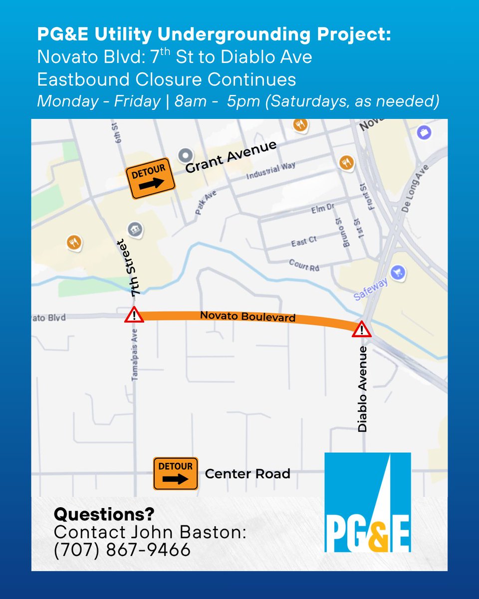 🚧 Traffic Reminder 🚧

The eastbound lane of Novato Blvd will continue to be closed between 7th St and Diablo Ave for PG&amp;E's utility undergrounding project.

📆⏰ Permitted Work Hours:
Mon-Fri | 8am-5pm (Saturdays, as needed)

Questions? Contact John Baston at (707) 867-9466