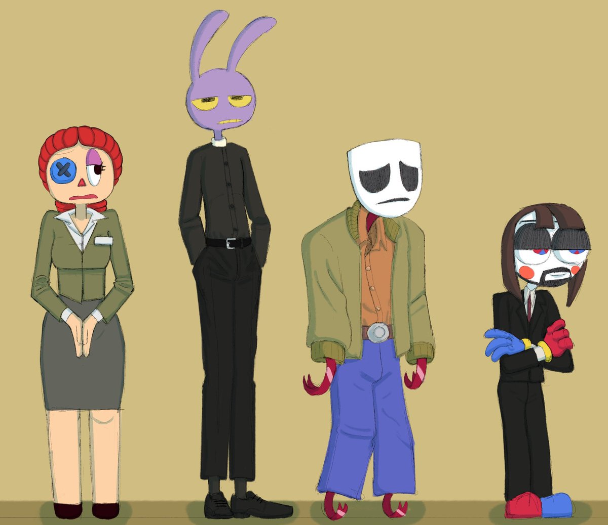 ArtsJohnnym's tweet photo. Ragatha, Jax, Gangle and Pomni
Character lineup for an animation I'm working on.
Guess what characters they are supposed to be dressed as you win uh... a free drawing.
#TADC #TheAmazingDigitalCircus https://t.co/HfB1gqZEYw