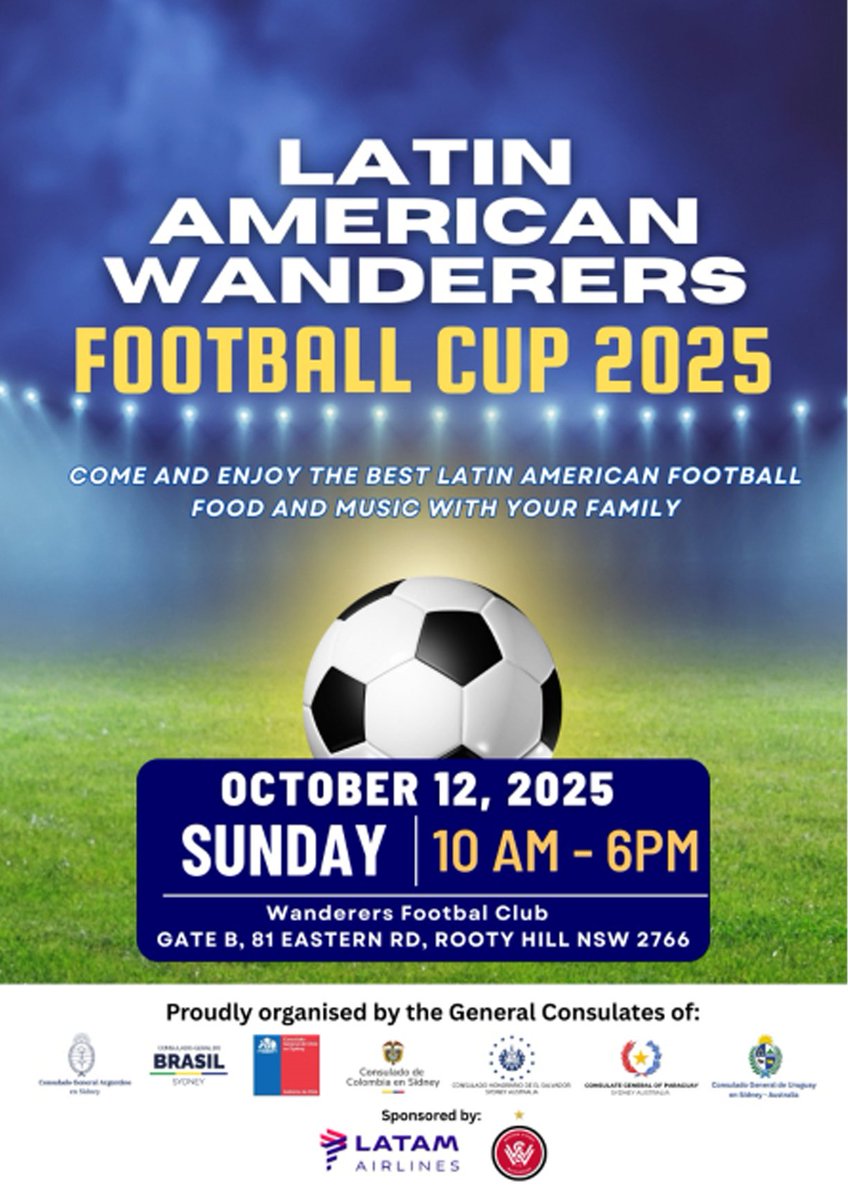 wswanderersfc's tweet photo. We  are proud to announce that the Latin American – Western Sydney Wanderers Football Cup 2025 will take place on Sunday 12 October from 10:00am to 6:00pm at Wanderers Fives, Rooty Hill: https://t.co/bewiarGBzc #WSW https://t.co/SEhCNzqwfw