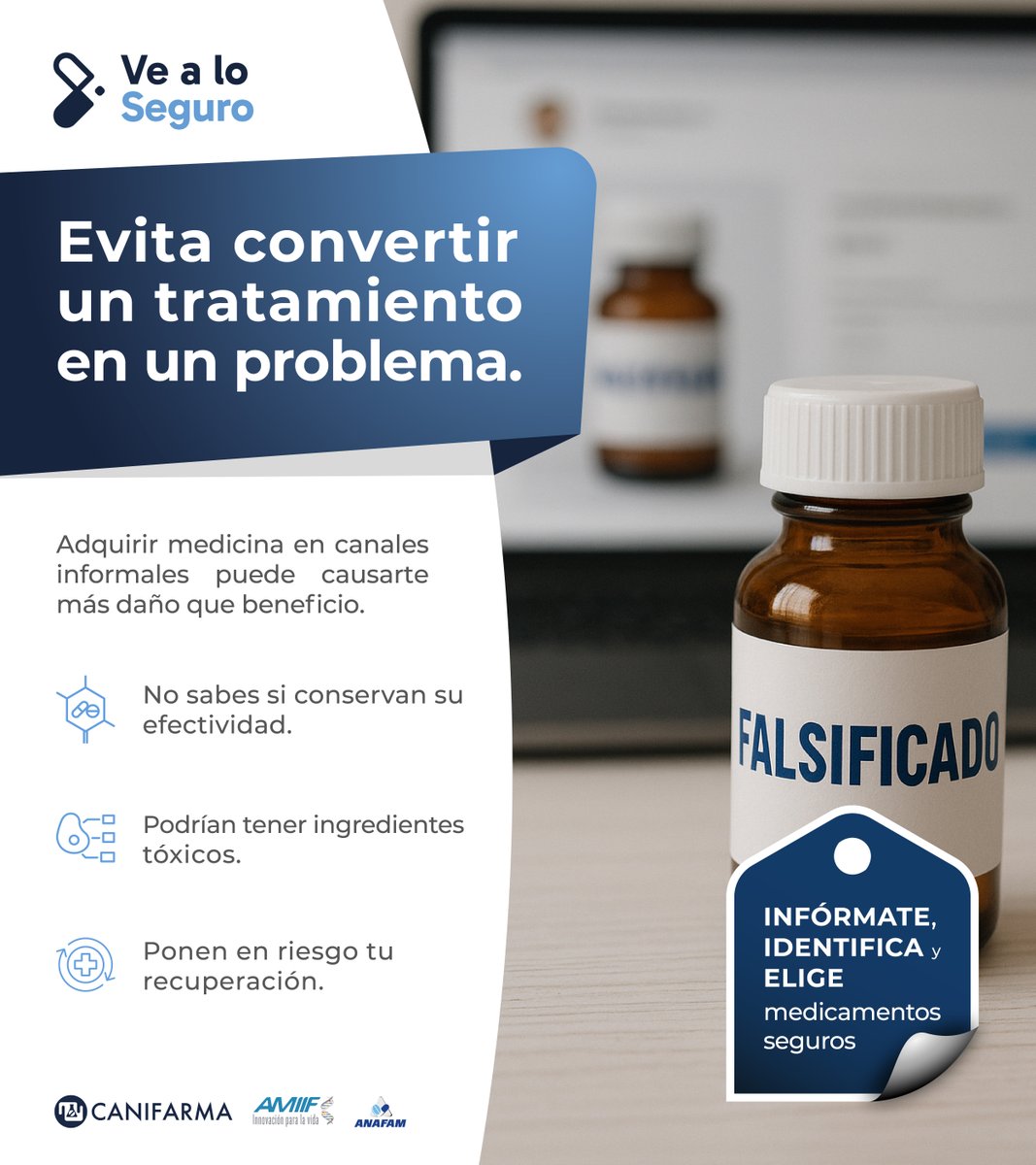 ¿Realmente vale la pena arriesgar tu salud por ahorrar unos pesos? 🤔

Compra sólo en farmacias que cumplen con la ley y garantizan productos confiables.

Infórmate, identifica y elige medicamentos seguros.

👉 #VeALoSeguro