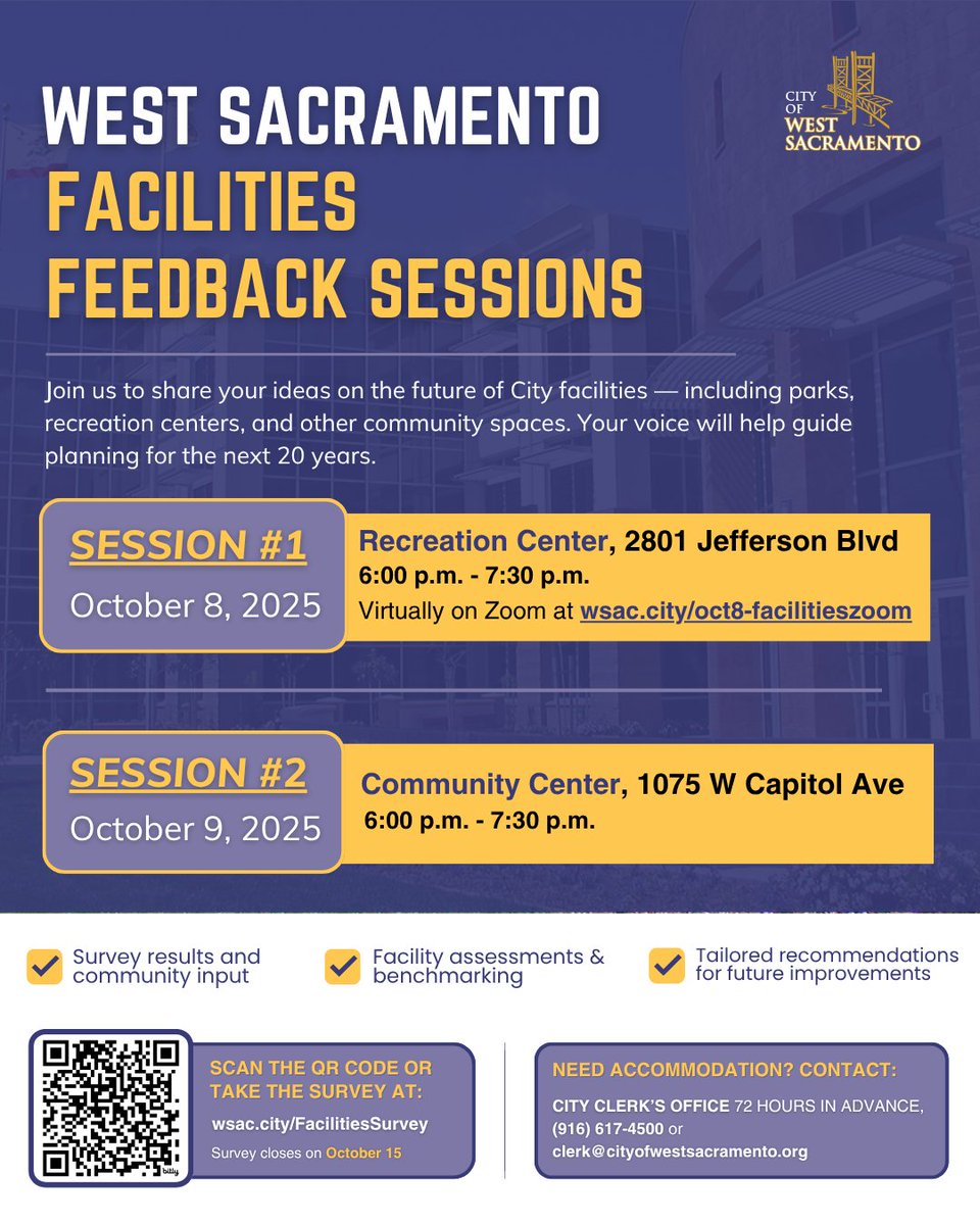 The future of West Sac’s parks, centers, &amp; community spaces starts with you. Give your input at these 2 sessions

Oct 8, 6–7:30PM | Rec Center + Zoom: wsac.city/oct8-facilitie… (free childcare)
Oct 9, 6–7:30PM | Community Center

Survey by Oct 15: wsac.city/FacilitiesSurv…