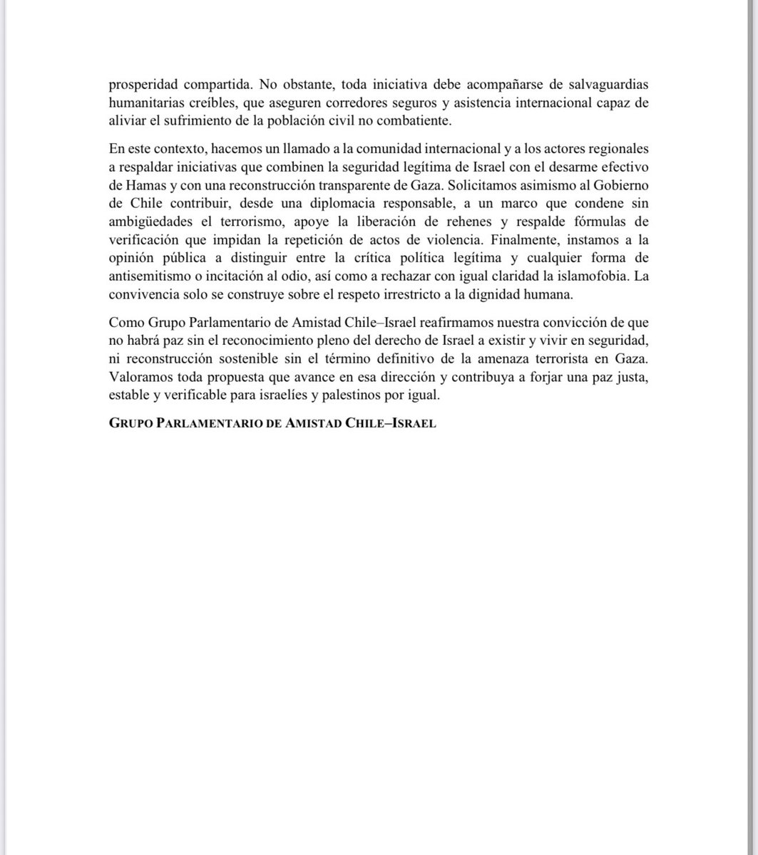 Como Presidenta de Grupo Parlamentario de Amistad Chile-Israel comunico lo siguiente: