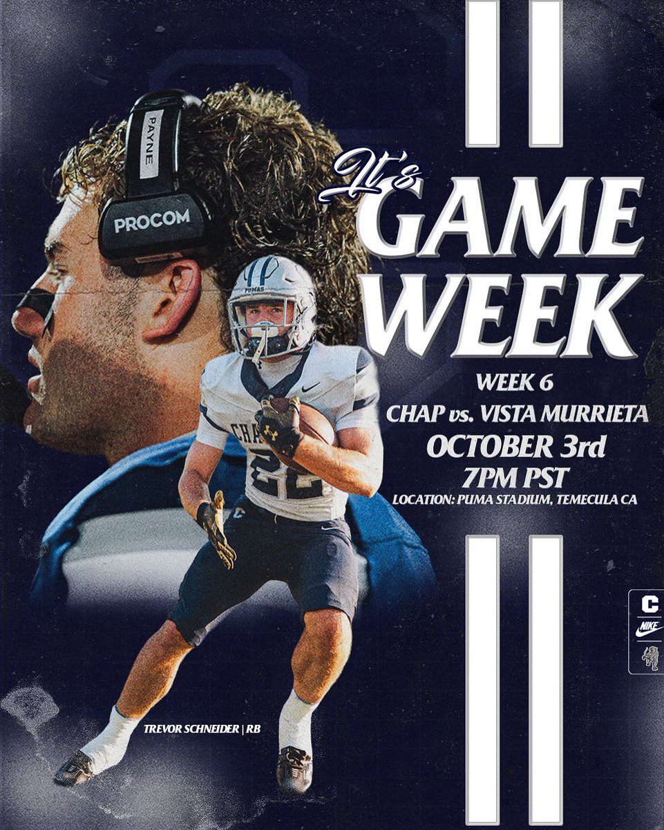 GAME WEEK 

Thursday: 
Freshmen at VMHS 4:15 pm
JV at VMHS 6:15 pm 

Friday: 
Varsity vs VMHS (Home) 7pm

#PumaPRIDE