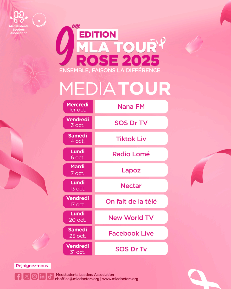 Le Media Tour du #MlaTourRose2025 commence ! Tout le mois d’octobre, nous serons sur radios, TV &amp; plateformes digitales pour sensibiliser et encourager le dépistage du cancer du sein.
#MlaTourRose2025 #OctobreRose #CancerDuSein