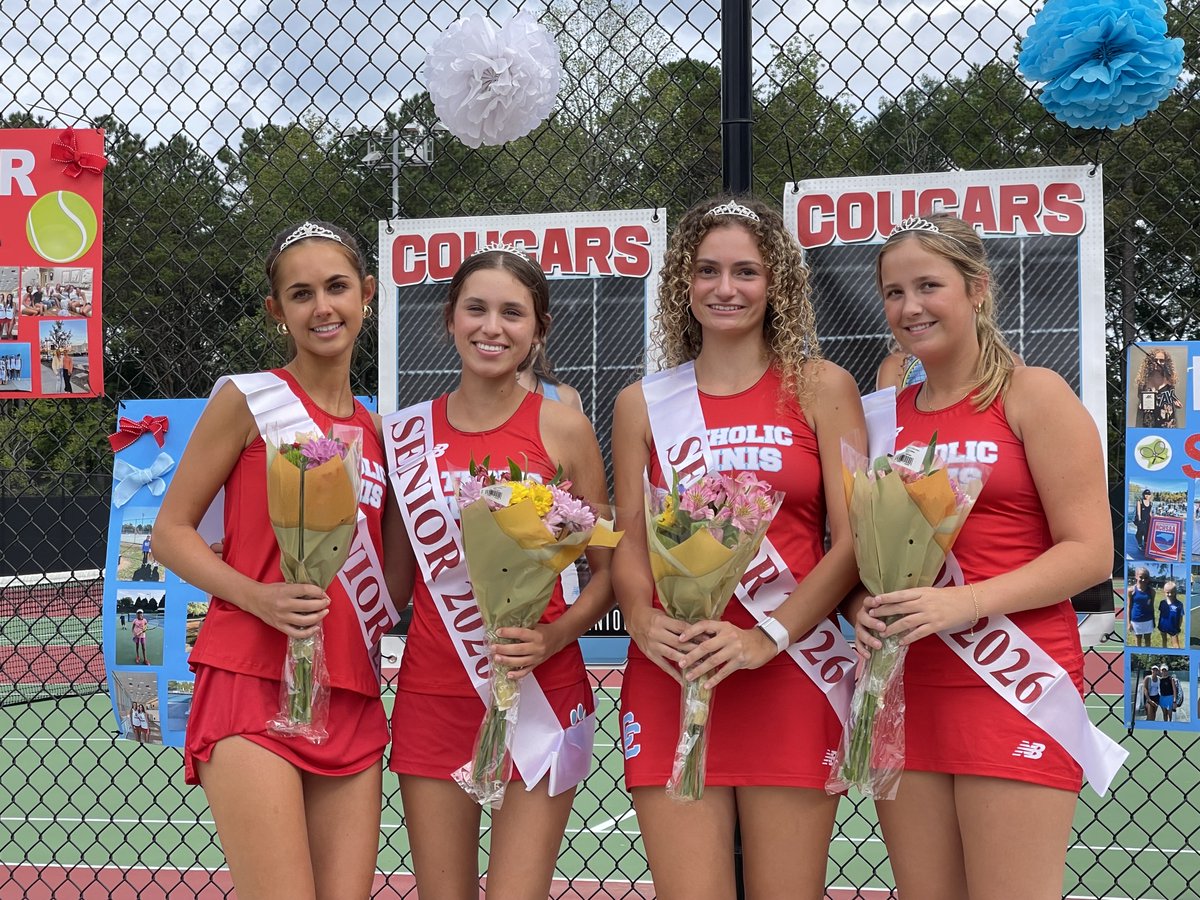 Let's hear it for our Seniors!!! Thank you to all our friends, family, and to Mr. Telford for coming out today to celebrate Caroline, Ariana, Carla, and Ella!!  A special day for all...and CCHS 9, Piedmont 0🎾🎊🎾 <a href="/CCHSCougarNews/">Charlotte Catholic</a> Back on court tomorrow at South Meck...stay tuned.