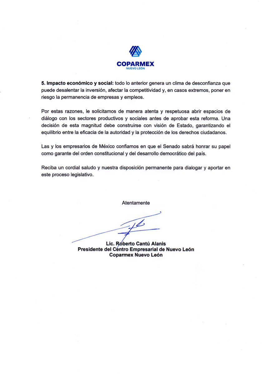 🔵 Senador <a href="/FdzWaldo/">Waldo Fernández</a> 
Desde Coparmex Nuevo León le exhortamos a revisar la reforma a la #LeyDeAmparo. No se debe quitar a la ciudadanía un mecanismo de defensa ante actos arbitrarios de las autoridades.