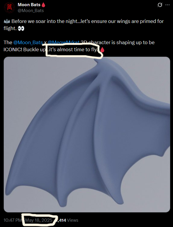 akidcalledflex's tweet image. The @Moon_Bats 3d collection mint day has been talked about for months. May 18th &quot;it&apos;s almost time to fly.&quot; September 29th &quot;sometimes it’s a signal, a sign, a shift waiting to reveal itself.&quot; How much longer? Be careful! DYOR! Part-Time Team = Part-Time Results. Keep Hangin! NOT!