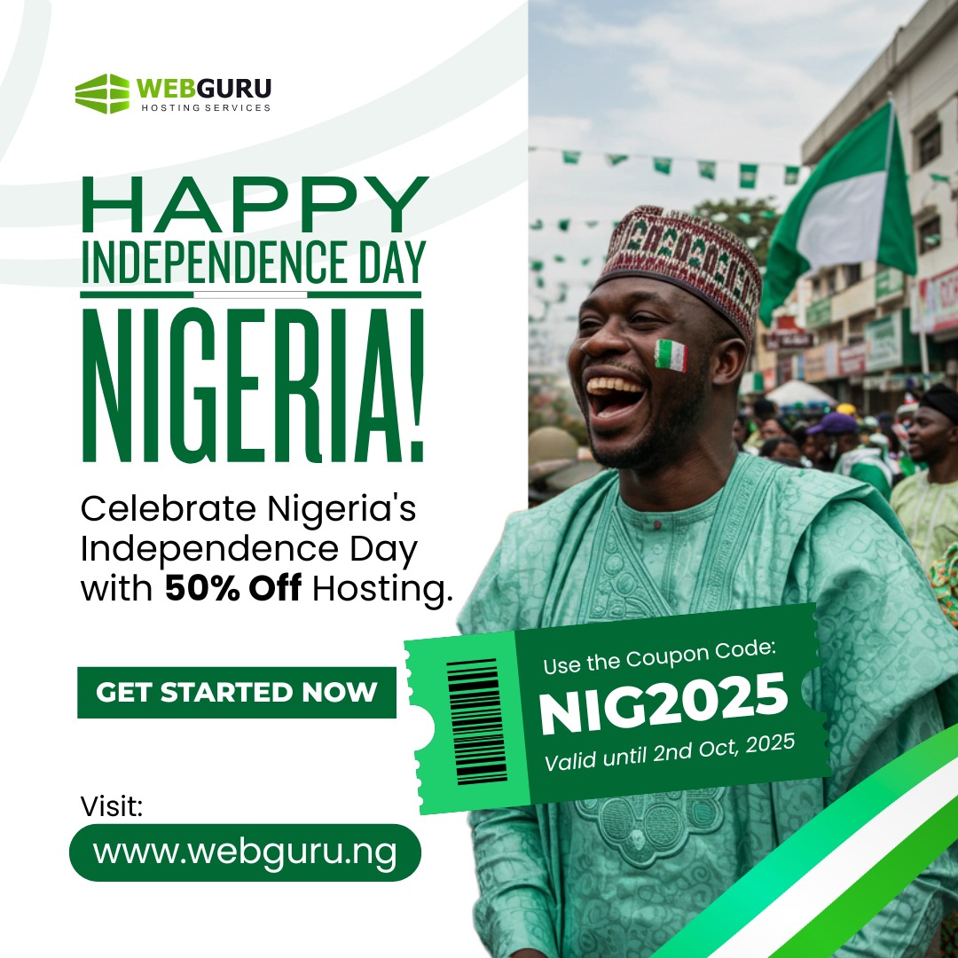 webgurung's tweet image. 🇳🇬🎉 Happy Independence Day, Nigeria! 🎉🇳🇬

Celebrate freedom and progress with 50% OFF Hosting from Webguru!
Use code NIG2025 before Oct 2nd, 2025.
#webguru #hostwebguru #hostwithwebguru #webgurudomains #webgurucare