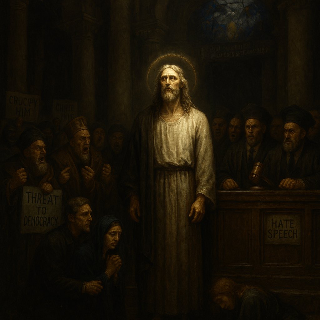 In the grim galleries of our unraveling empire, where the torches of tolerance flicker like the pyres of inquisitors long dust, the Democratic Pharisees...those swollen sentinels of secular spite...stand not as pale echoes of antiquity, but as architects of a fresh crucifixion,