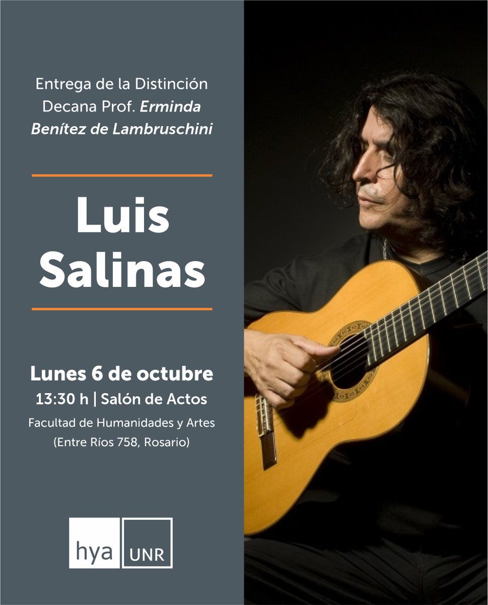 🎸 La Facultad distinguirá al célebre guitarrista Luis Salinas con la Distinción Decana Profesora Erminda Benítez de Lambruschini.

🗓️ Lunes 6/10 
🕜 13:30 h
📍 Salón de Actos

"Quiero ser el mejor Salinas posible", dice. Su música, sincera y universal, emociona al mundo.