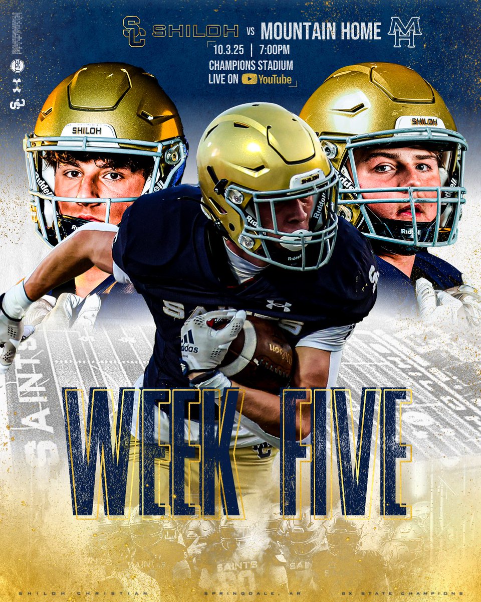 𝗪𝗘𝗘𝗞 𝗙𝗜𝗩𝗘 • October football means playoff positioning

#2 Shiloh Christian (2-2)
#4 Mountain Home (4-0)

🏟 Champions Stadium
📍 Springdale, AR
🕖 7pm
▶️ youtube.com/@shilohsaints
💻 bit.ly/SCFBLive25

#GoSaints | #T3RE