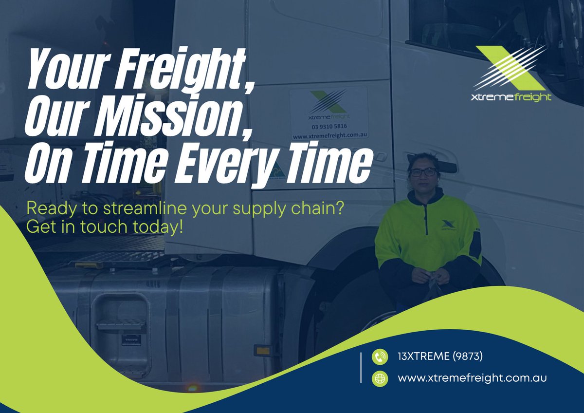 XtremeFreight's tweet image. Your Freight. Our Mission. 🚛
On Time Every Time. ✅
Reliable logistics solutions to keep your supply chain moving.
👉 xtremefreight.com.au

#XtremeFreight #Logistics #OnTimeDelivery #FreightAustralia #SupplyChain