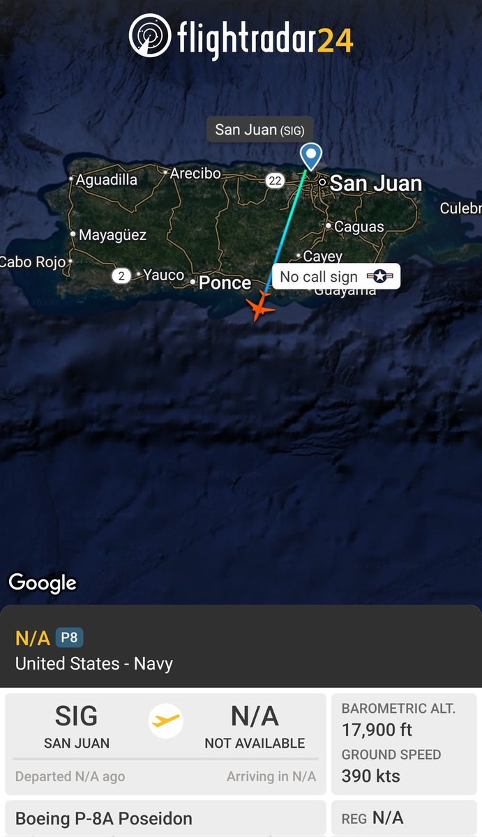 sipjack1776's tweet photo. P-8A 🇺🇲
#AE683A
Out of San Juan tracking S for another nighttime Caribbean mission
@Borrowed7Time @N214WN https://t.co/k00KYsTCwN