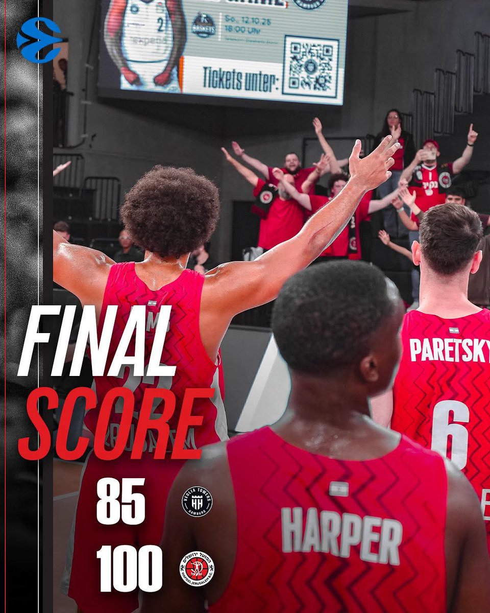 🏀 J1/18 DE L'EUROCUP 🇪🇺 — L'HAPOËL JÉRUSALEM 🇮🇱 DÉBUTE PAR UNE VICTOIRE !

Première journée europénne concluante pour le club israélien, qui a battu Hambourg 🇩🇪 ce soir en Allemagne sur le score de 85-100. t.me/EretzSport