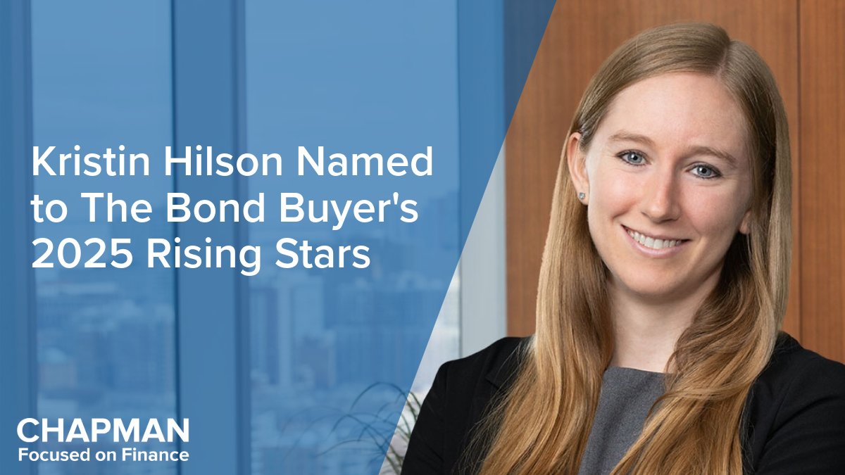 Chapman and Cutler LLP (@chapmancutler) on Twitter photo Congrats to all the outstanding individuals named in <a href="/TheBondBuyer/">The Bond Buyer</a>'s 2025 Rising Stars. We’re especially proud of Chapman partner Kristin Hilson whose dedication & exceptional legal skills are paving the way for the future of municipal finance. Learn more: chapman.com/people-Kristin… Congrats to all the outstanding individuals named in <a href="/TheBondBuyer/">The Bond Buyer</a>'s 2025 Rising Stars. We’re especially proud of Chapman partner Kristin Hilson whose dedication & exceptional legal skills are paving the way for the future of municipal finance. Learn more: chapman.com/people-Kristin…