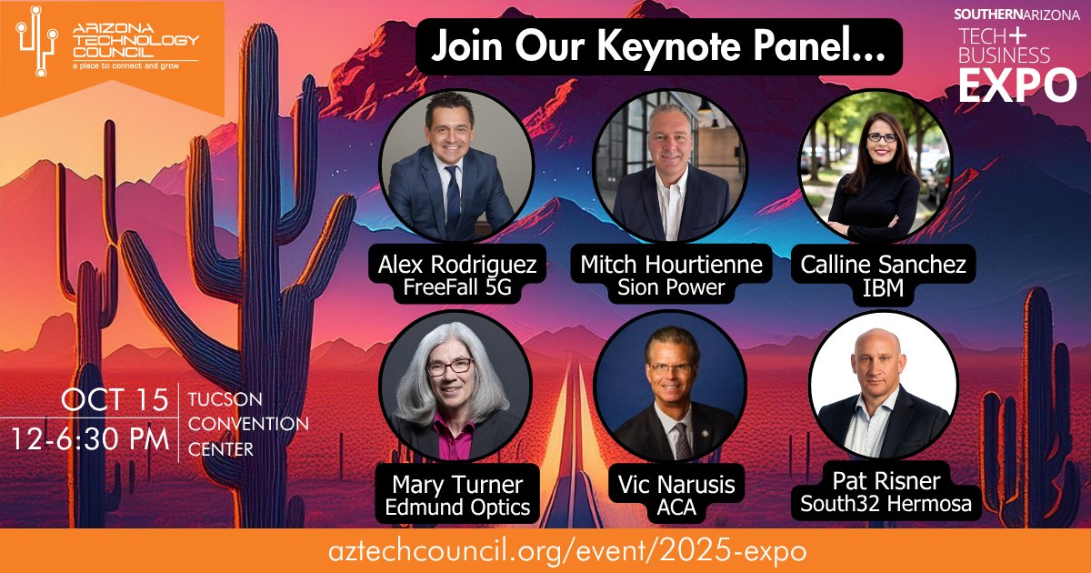🚀 Join the AZ Tech + Business Expo Oct 15 in Tucson! Hear our Keynote Fireside Chat on Convergence: Where Innovation Meets Industry w/ leaders from Sion Power, IBM, South32, Edmund Optics &amp; ACA.  
📷 Register: aztechcouncil.org/event/2025-exp… 
#TucsonTechExpo #Innovation #Convergence
