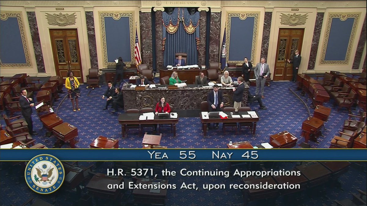 U.S. Senate DEFEATS House-passed CR, 55-45. 

60 votes were needed.