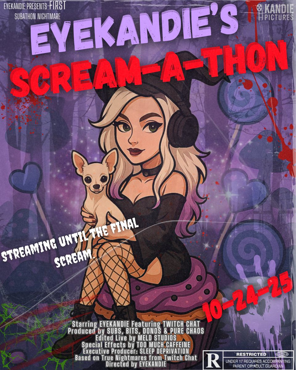 🥳After 5 years on Twitch, I’m finally doing my FIRST ever SUBATHON — the SCREAM-A-THON!  Its going to be scary, silly, full of dancing, cosplay, and community chaos. It all starts 10/24  💜 Please share this, invite your friends!!  🎃👻