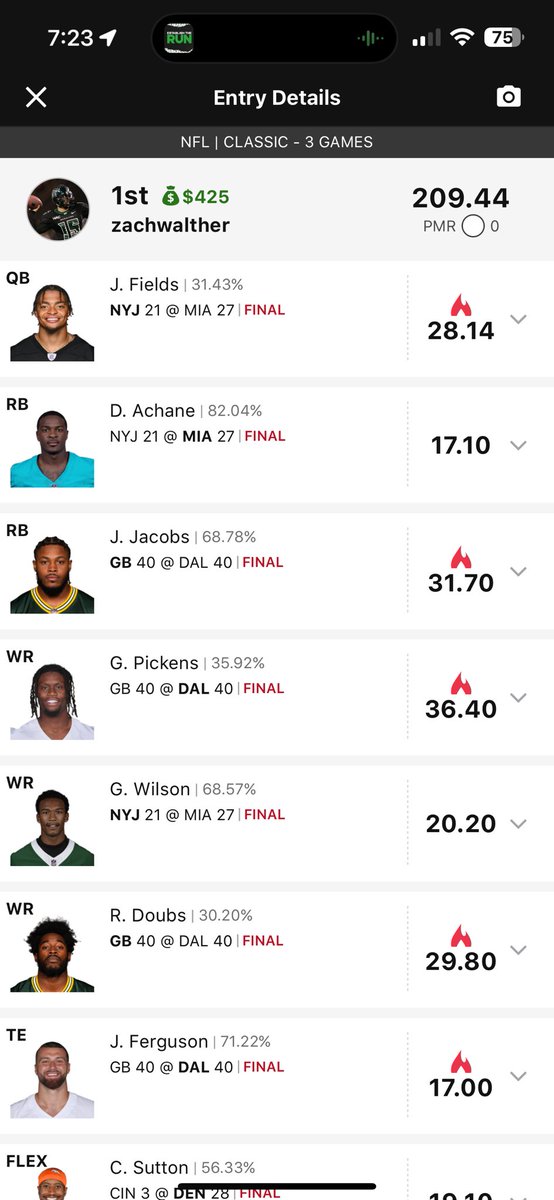 ZDWalther's tweet photo. @cmain7 @adamlevitan @EstablishTheRun  huge shout out to ETR, first time I’ve subscribed to ETR for regular season NFL and already paying dividends in my 2nd week. Not a huge win but decent return on $12 in a single entry tournament. https://t.co/mc01xdzIHX