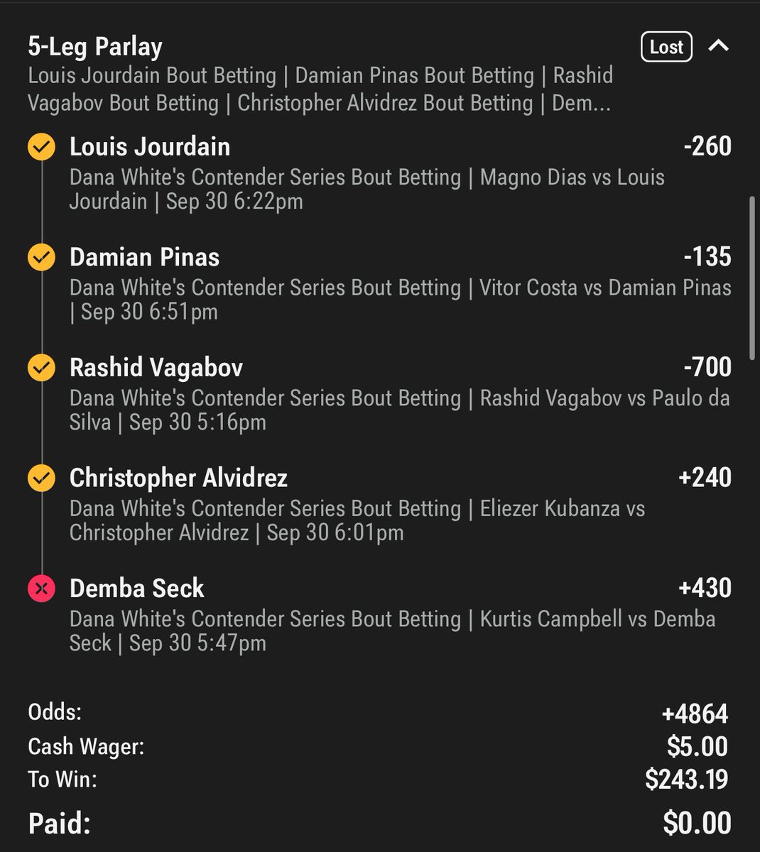 TwoTimeBets's tweet image. Almost had that tko with Louis, missed judge my under on Paulo fight. Campbell just looked like a killer or about to be killed 😂 had to put change on demba. #DWCSWeek9 #DWCS #UFC #MMA