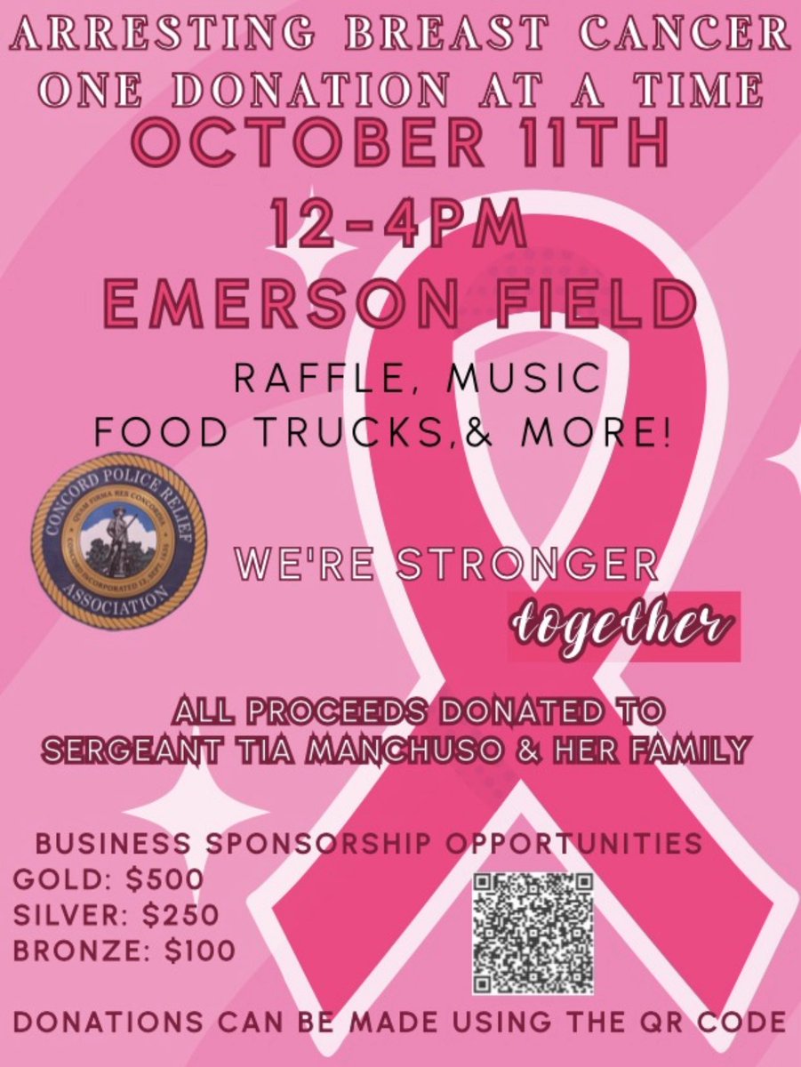 The Concord Police Relief Association is proud to announce our first ever Breast Cancer Awareness Family Fun Day in honor of Sergeant Tia Manchuso and her fight against Breast Cancer. Sergeant Manchuso is a graduate of CCHS!