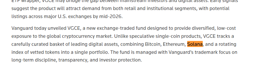 m0mentummike's tweet photo. Vangaurd has just announced the name of their crypto ETF.

(VGCE) or the Vanguard Global Crypto ETF has just been announced by Vanguard. 'Unlike speculative single-coin products, VGCE tracks a carefully curated basket of leading digital assets, combining Bitcoin, Ethereum, Solana, and a rotating index of vetted tokens into a single portfolio.'

$VGCE

Article:
https://t.co/xh49NMdWEM
