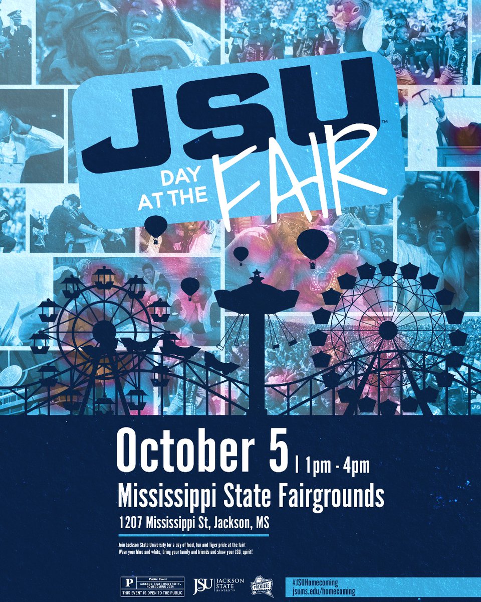 JacksonStateU's tweet image. This Sunday, Jackson State is taking over THEE Mississippi State Fairgrounds for JSU Day at the Fair! 🎡 

You can get a discounted ticket for just $8 by visiting the link below before 11:59 PM Friday, October 3rd. 

🔗 | bit.ly/46uWBlh