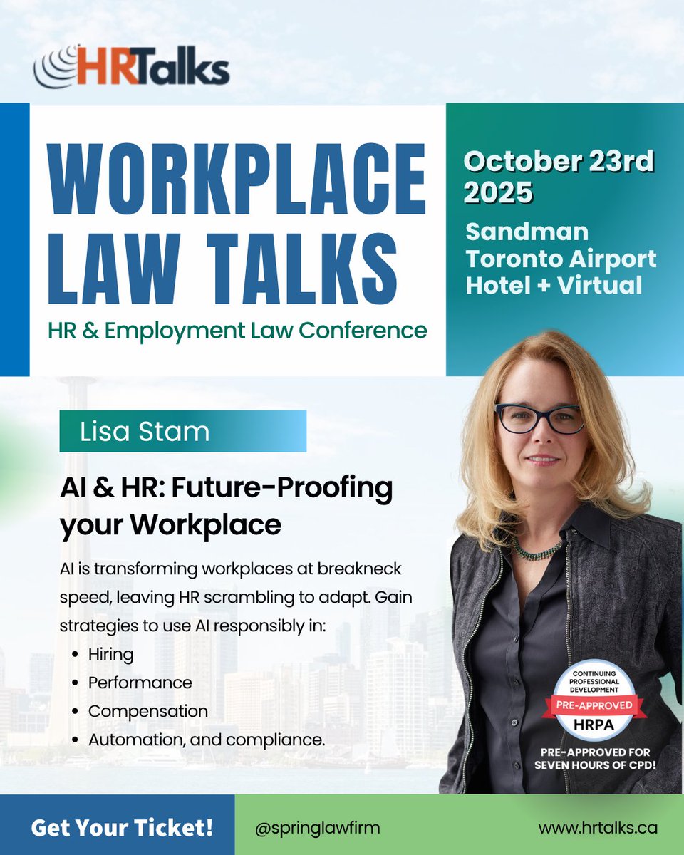 SpringLawFirm's tweet image. AI is moving faster than HR can adapt. Learn how to use AI responsibly in hiring, performance, pay + compliance while staying legally safe. 👉 Learn more: hrtalks.ca

🎫Buy your tickets here:
🔗 hrtalks.ca/buy-tickets

#FutureOfWork #AIinHR #EmploymentLaw #HRleaders