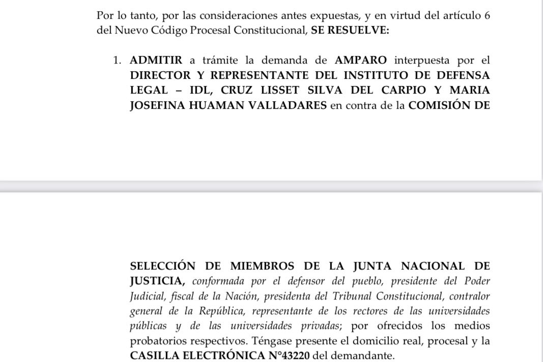 #LoÚltimo 📌El Poder Judicial admitió a trámite una demanda de amparo del Instituto de Defensa Legal (IDL) contra la elección de los integrantes de la <a href="/JNJPeru/">Junta Nacional de Justicia</a> por presuntos vicios e irregularidades en ese proceso. La audiencia será el 22 de diciembre.
