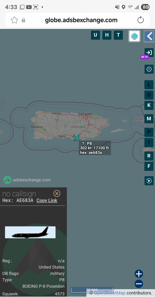 Borrowed7Time's tweet photo. US Navy P-8A Poseidon #AE683A departed San Juan for another night mission over the Caribbean. 
@sipjack1776 @TheIntelFrog @LadyAstroJet @LatAmMilMVMTs https://t.co/FuUyUmT3pJ