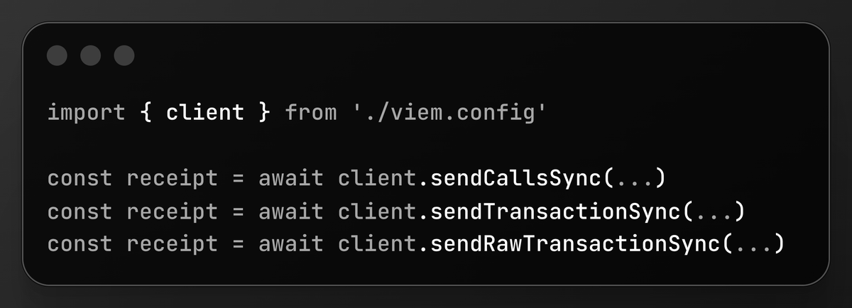 _jxom's tweet image. next version of viem will support synchronous transaction submission and return receipt (instead of hash) – including a fallback if the RPC handler does not support `eth_sendRawTxSync`/sync submission yet