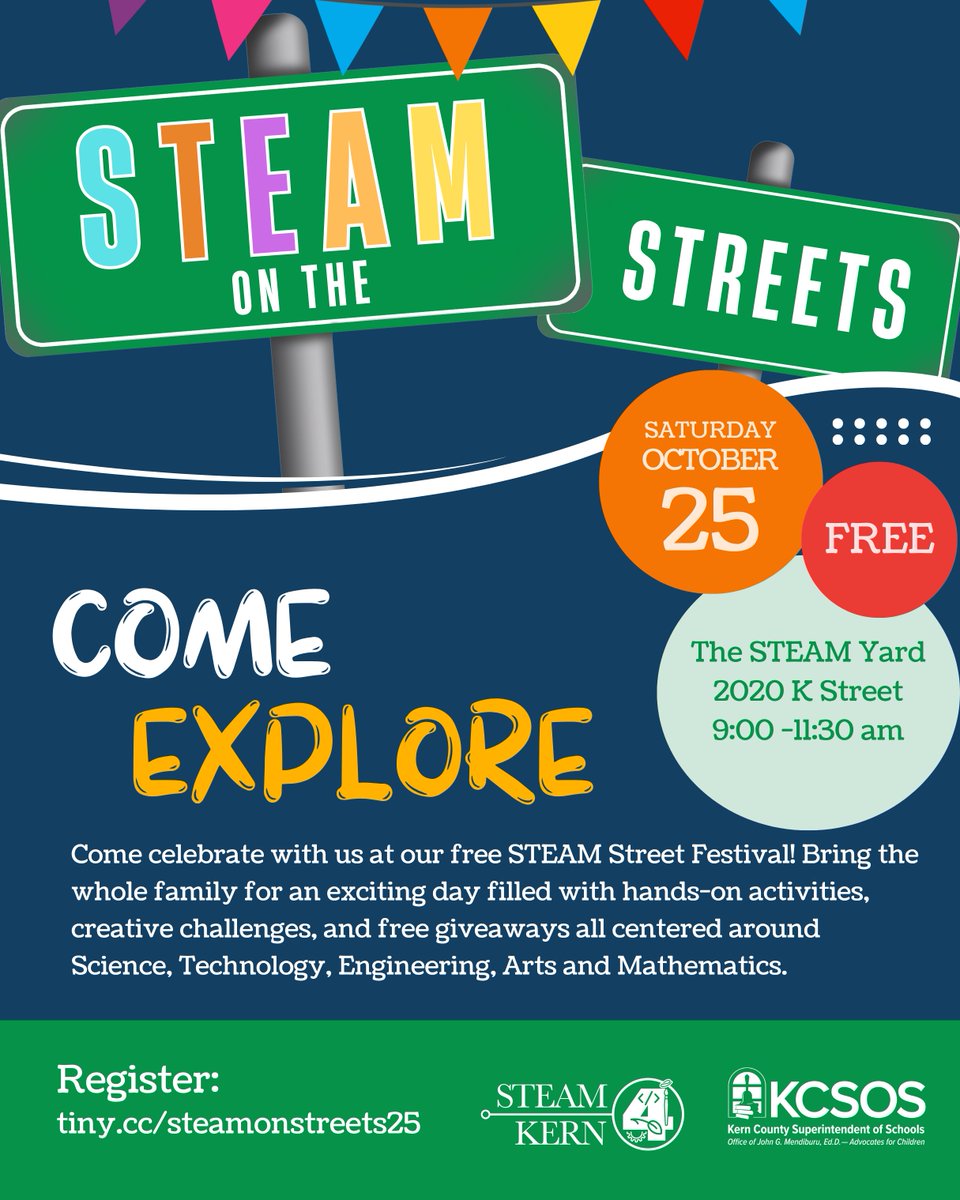 KCSOS's tweet image. We are thrilled to welcome families back to STEAM on the Street Festival, taking place on Saturday, October 25, from 9:00 a.m. to 11:30 a.m. Bring the whole family for an exciting day filled with hands-on activities all centered around STEAM! Register: tiny.cc/steamonstreets…