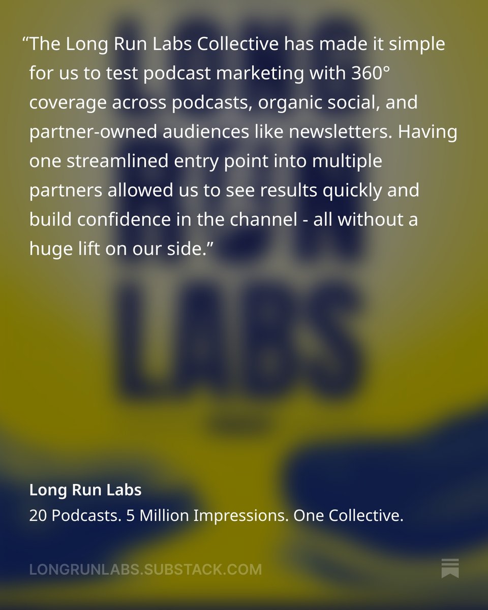 Brands: want to reach a loyal, high trust audience that skews millennial/female, high HHI, with focus on health?  

The @longrunlabs collective is now:
🎙 20 shows
👟 ~400K impressions/month
📈 Partners like Tailwind already seeing results
Full update 👉 longrunlabs.substack.com/p/20-podcasts-…