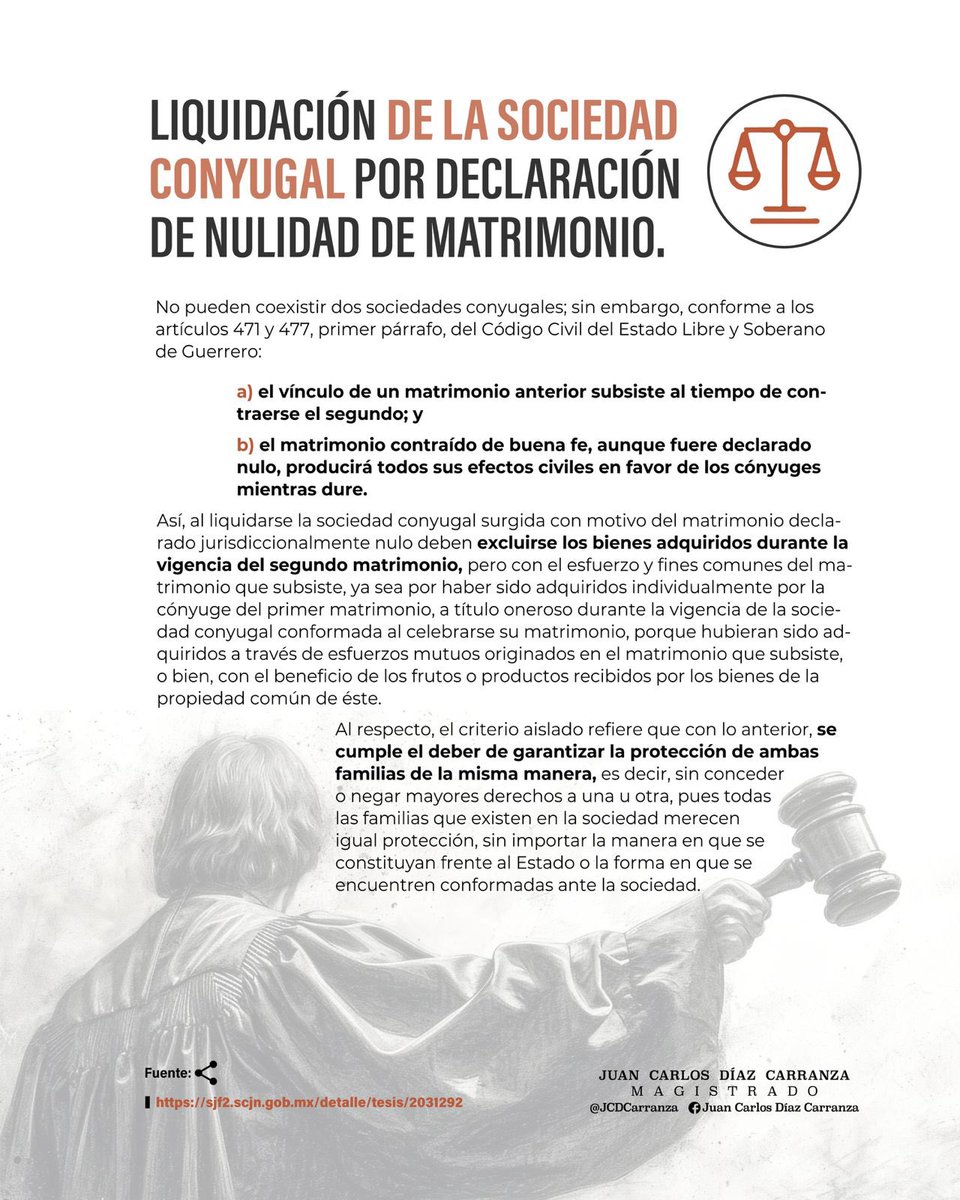LIQUIDACIÓN DE LA SOCIEDAD CONYUGAL 

POR DECLARACIÓN DE NULIDAD DE MATRIMONIO

👨‍🎓Un Tribunal Colegiado de Circuito determinó que al liquidarse la sociedad conyugal declarada nula debe darse intervención a la cónyuge del matrimonio que subsiste. 

A efecto de que ofrezca pruebas