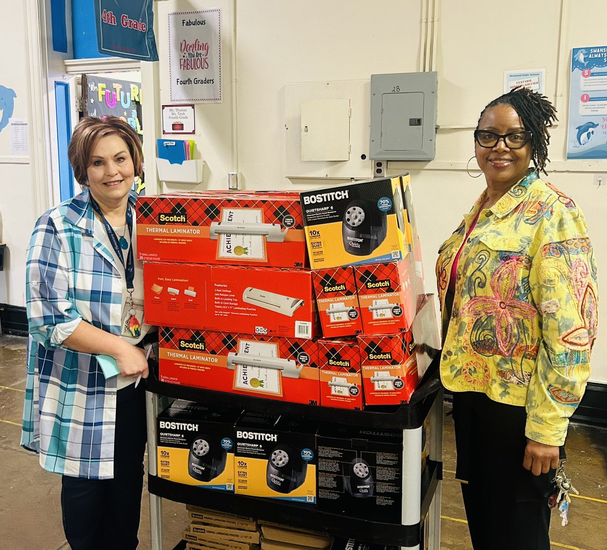 Today we surprised every teacher with their own laminator, laminating sheets, and an additional classroom sharpener because we believe investing in the little things empowers our educators to put their best foot forward!