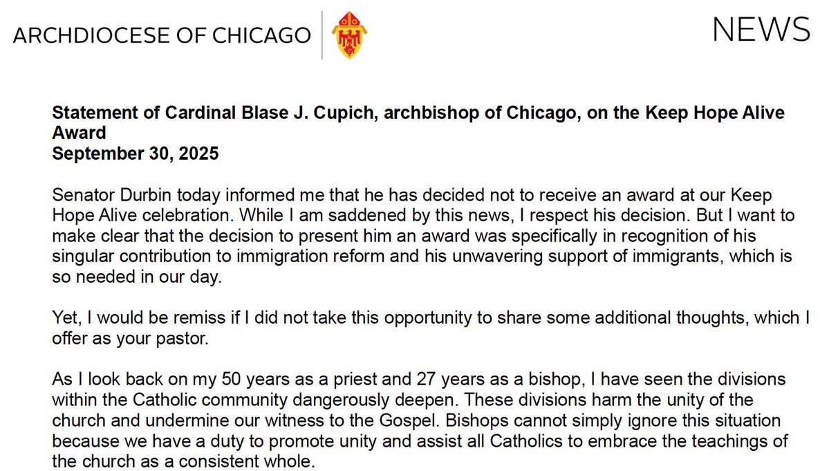 JUST IN: Cardinal Cupich announces NOW that Senator Durbin WILL NOT receive the award!!!