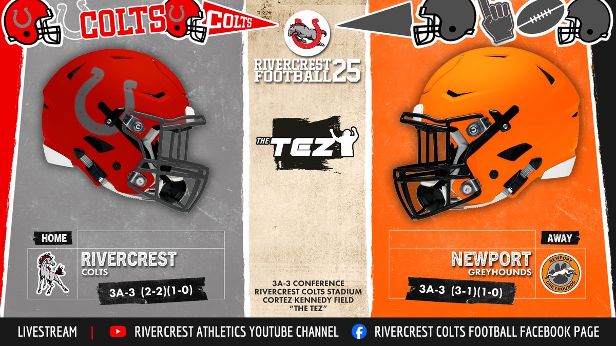 It’s conference football Friday at The TEZ as Rivercrest (2-2, 1-0) hosts Newport (3-1, 1-0). Kickoff 7:00pm.

Livestream:
➡️youtube.com/@rivercrestath…
➡️ facebook.com/RivercrestColt…