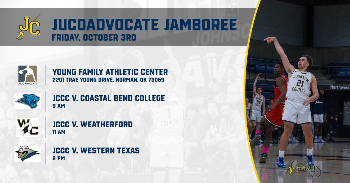 Johnson County Men's Basketball (@jccc_cavsmbb) on Twitter photo 4 year coaches! Come check us out at <a href="/JUCOadvocate/">JUCOadvocate - Brandon Goble</a> Jamboree in Norman, OK this Friday!!
#CavalierBasketball 4 year coaches! Come check us out at <a href="/JUCOadvocate/">JUCOadvocate - Brandon Goble</a> Jamboree in Norman, OK this Friday!!
#CavalierBasketball