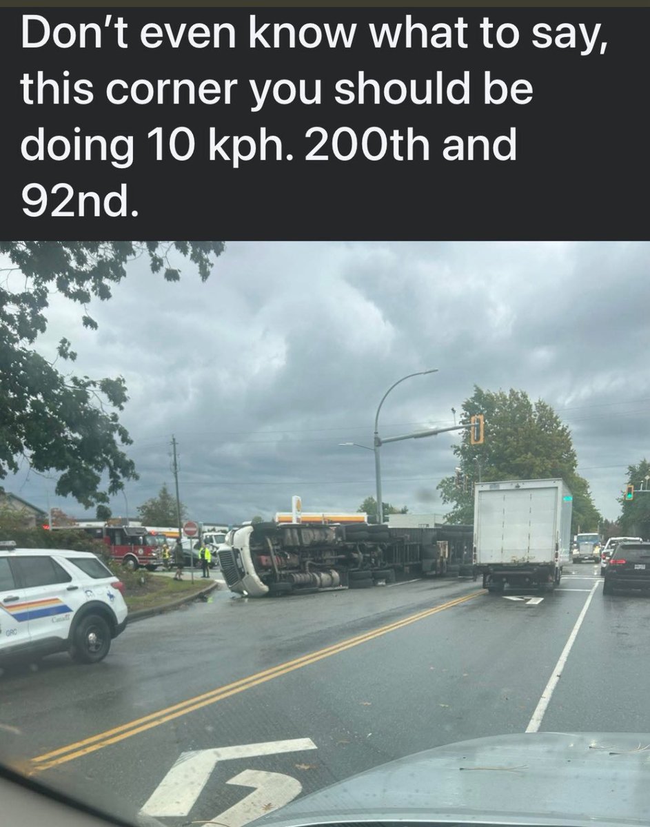 BC TRUCK CHAOS 🚨 ALL in 24 hrs 

Highway 1 CLOSED between Chilliwack &amp; Hope after a semi ends up dangling over train tracks.

Another semi COLLAPSES an overpass at Whatcom Road.

And in Langley? A truck flips on a corner you’re supposed to take at 10kph.

This is not just “bad