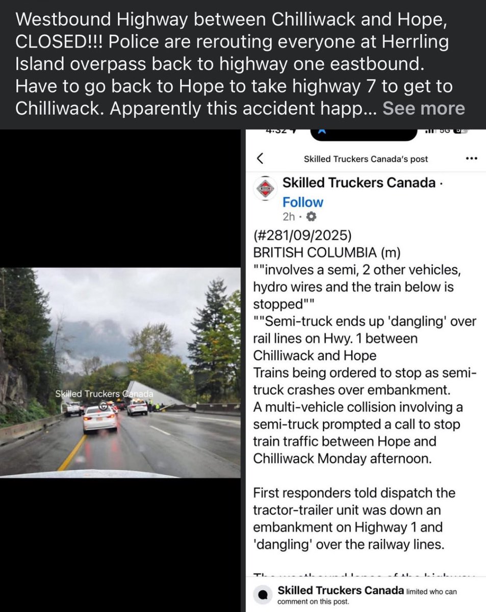 MarcNixon24's tweet image. BC TRUCK CHAOS 🚨 ALL in 24 hrs 

Highway 1 CLOSED between Chilliwack &amp;amp; Hope after a semi ends up dangling over train tracks.

Another semi COLLAPSES an overpass at Whatcom Road.

And in Langley? A truck flips on a corner you’re supposed to take at 10kph.

This is not just “bad