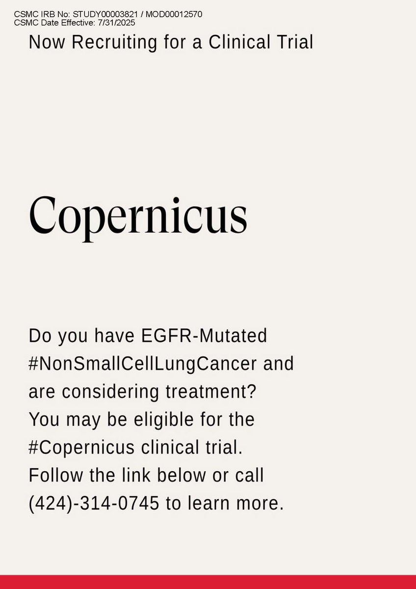 CSCancerCenter's tweet image. Do you have EGFR-Mutated #NonSmallCellLungCancer and are considering treatment? You may be eligible for the #Copernicus clinical trial. Follow the link below or call (424)-312-0745 to learn more.
clinicaltrials.cedars-sinai.edu/view/61186372N…