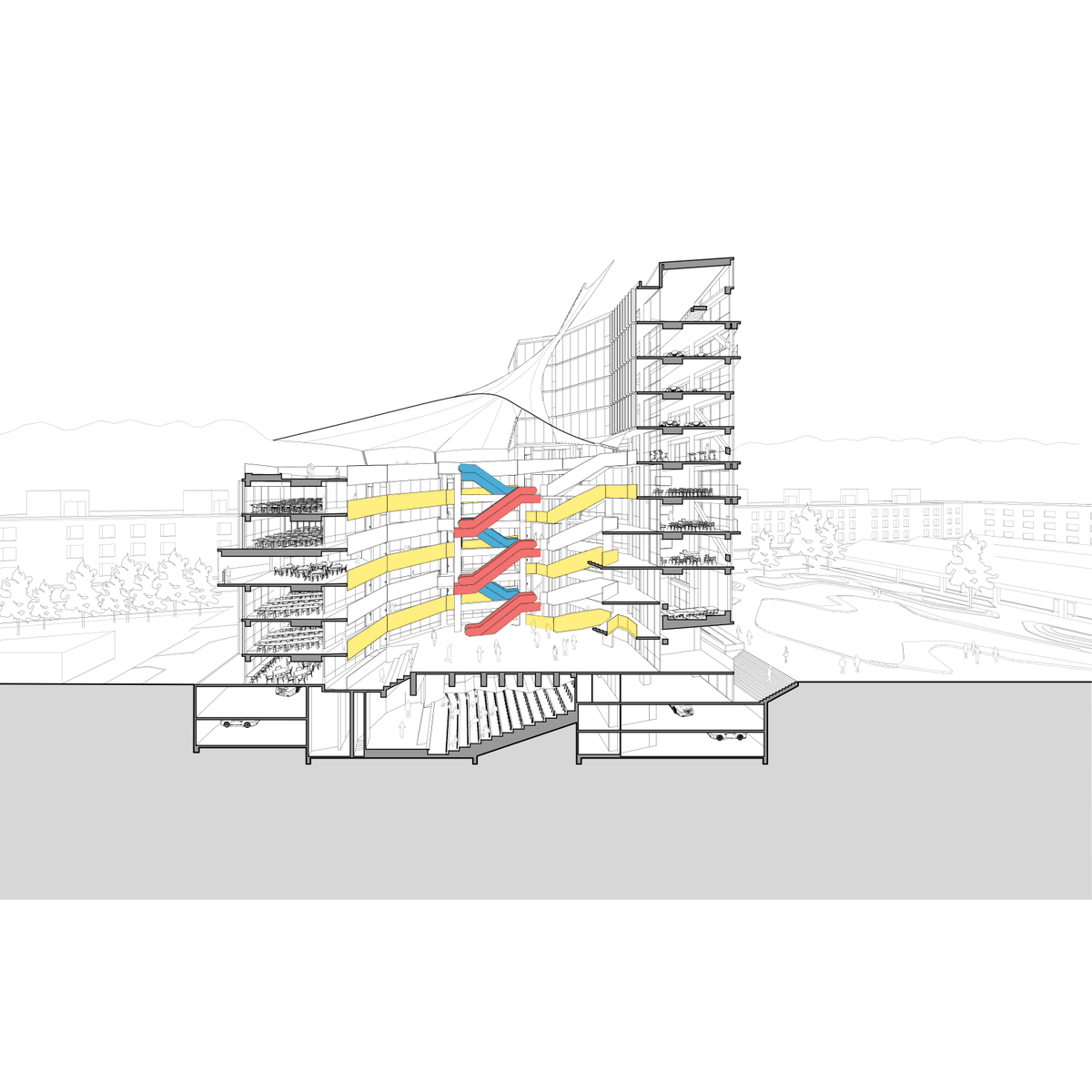This faculty building is organized around a “helical ambulatory,” a spiral ramp linking classrooms and informal learning spaces, with six undergraduate levels below and a six-story tower above.

📍Santiago, Chile
 
By: Marsino Arquitectura
Details: hubs.la/Q03Lr2vS0